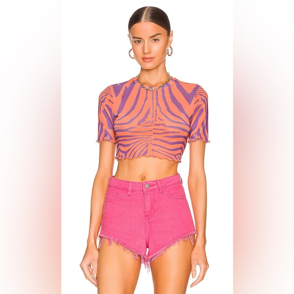 AFRM Isla Mesh Crop Top Shirt in Orange Purple Zebra Print Small NWT